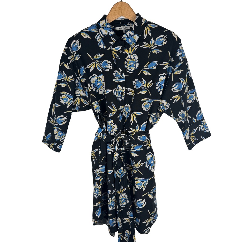 Zara Floral Cotton Belted Shirt Dress Womens S Black Blue Yellow 3/4 Sleeve
